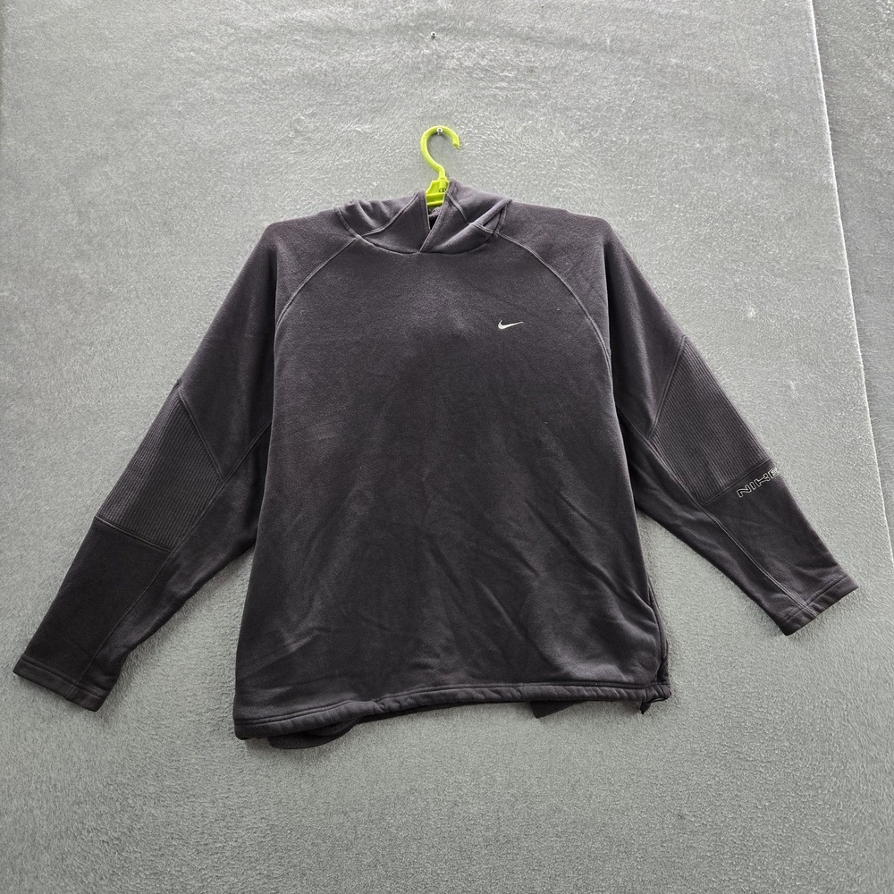 VINTAGE Nike Men Hoodie M Gray Mini Swoosh Logo‎ Embroidered Fleece Pullover Y2K